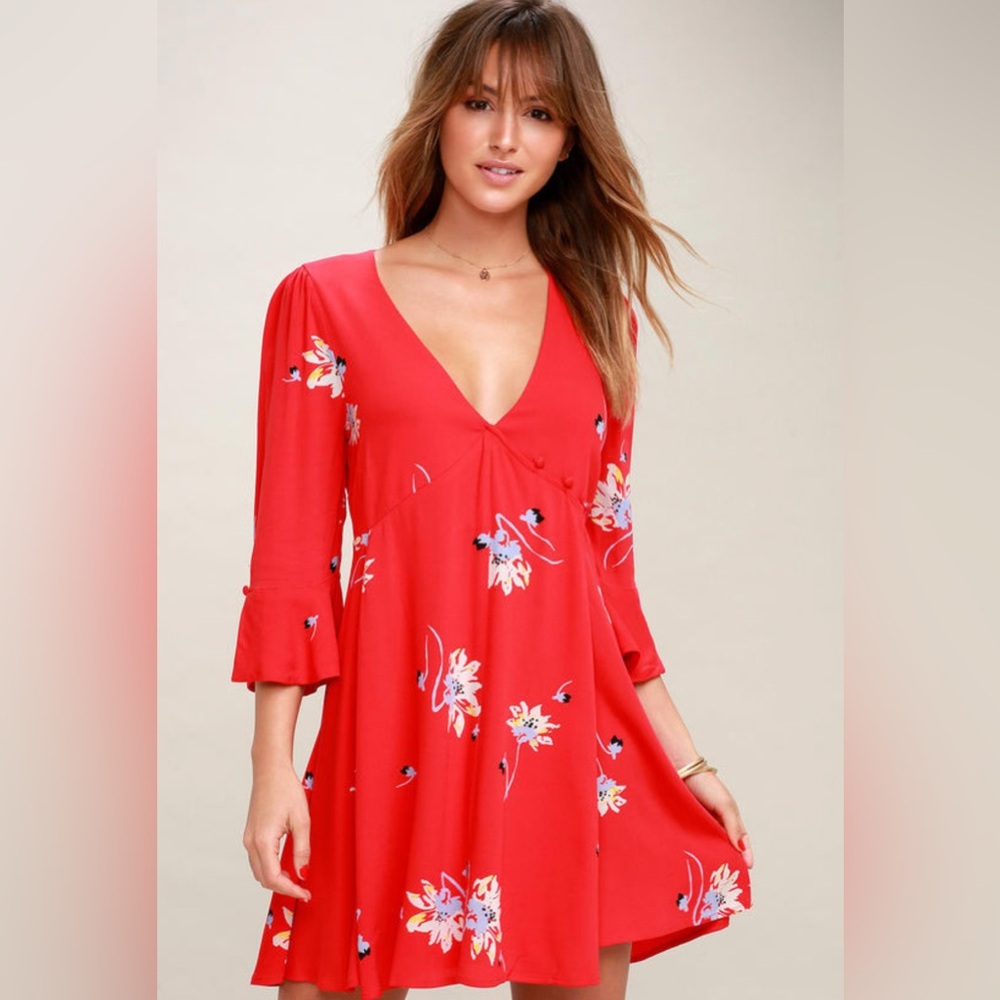 Free People Time On My Side Red Floral Print Wrap Dress Size S